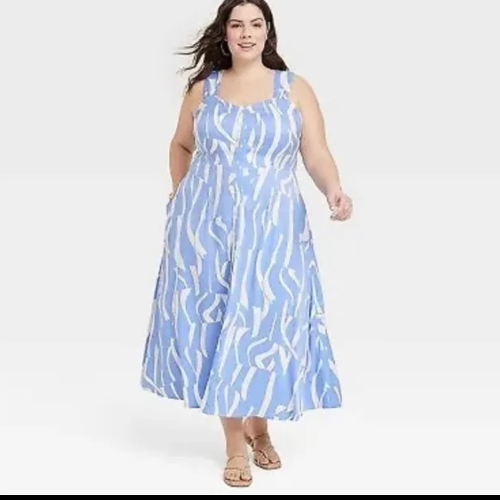 Ava & Viv Women's 2X Dress Button-Front A-Line Dress Light Blue Abstract NWOT